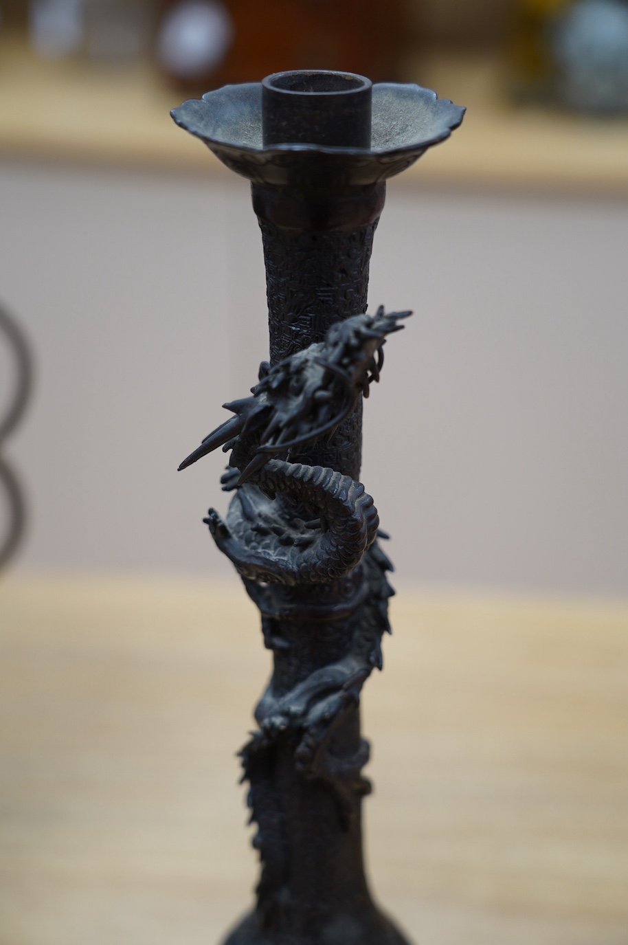 A Japanese bronze dragon table lamp, 38.5cm high. Condition - fair to good